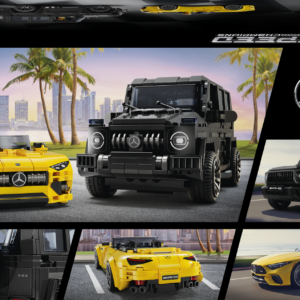 mis sisaldab Mercedes-AMG G 63 ja Mercedes-AMG SL 63 autoehitusmänguasju.