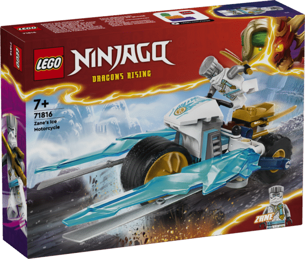 LEGO® NINJAGO® Zane'i jäämootorratta põnevusmängukomplekt 1 minifiguuriga võimaldab lastel etendada lugusid telesarja NINJAGO Dragons Rising 2. hooajast.