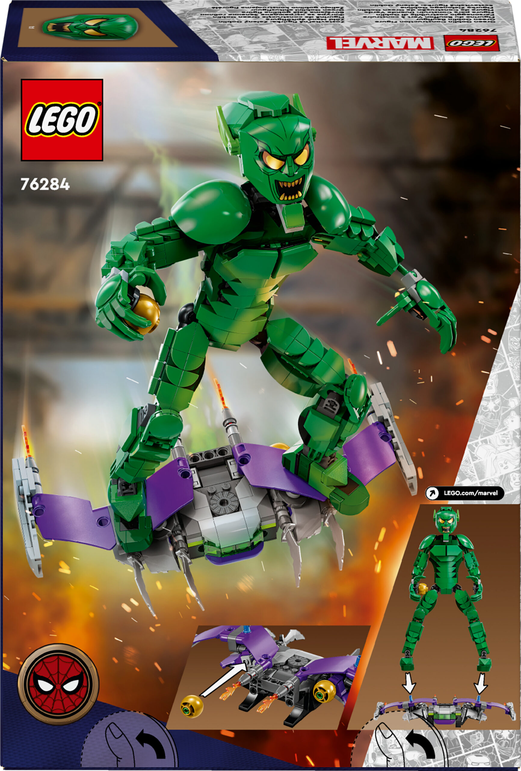 LEGO Marvel Green Goblini ehitusfiguur Green Goblini muudetava asendiga ehitusfiguur purilennuki ja kõrvitsapommidega – autentselt detailirohke kokkupandav mänguasi Marveli Spider-Mani universumist.