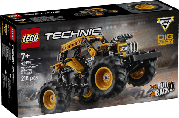 See lastele mõeldud veoauto sisaldab kokkupandavat LEGO Technic Monster Jam DIGatron-i mudelit koos tagasitõmbamise funktsiooniga.