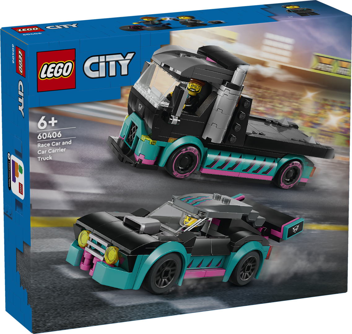 LEGO City Võidusõiduauto ja autoveok Võidusõiduautode ja veoautode fännid saavad nautida tundide kaupa mängu selle LEGO® komplektiga