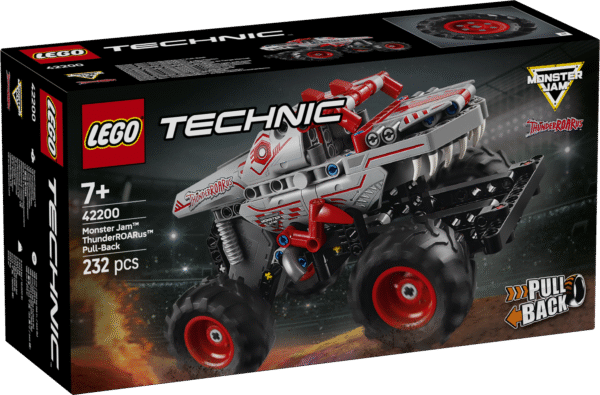 Selles Monster Jam-i fännidele mõeldud dinosauruse mänguauto komplektis on kokkupandav tagasitõmmatav LEGO Technic Monster Jam ThunderROARus-i mudel.