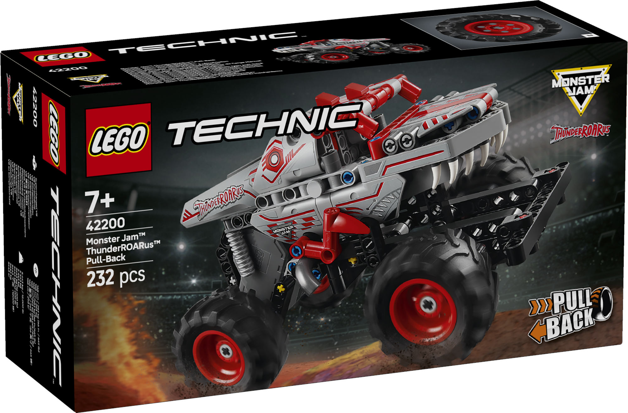 LEGO Technic Tagasitõmmatav Monster Jam Thunderroarus Selles Monster Jam-i fännidele mõeldud dinosauruse mänguauto komplektis on kokkupandav tagasitõmmatav LEGO Technic Monster Jam ThunderROARus-i mudel.