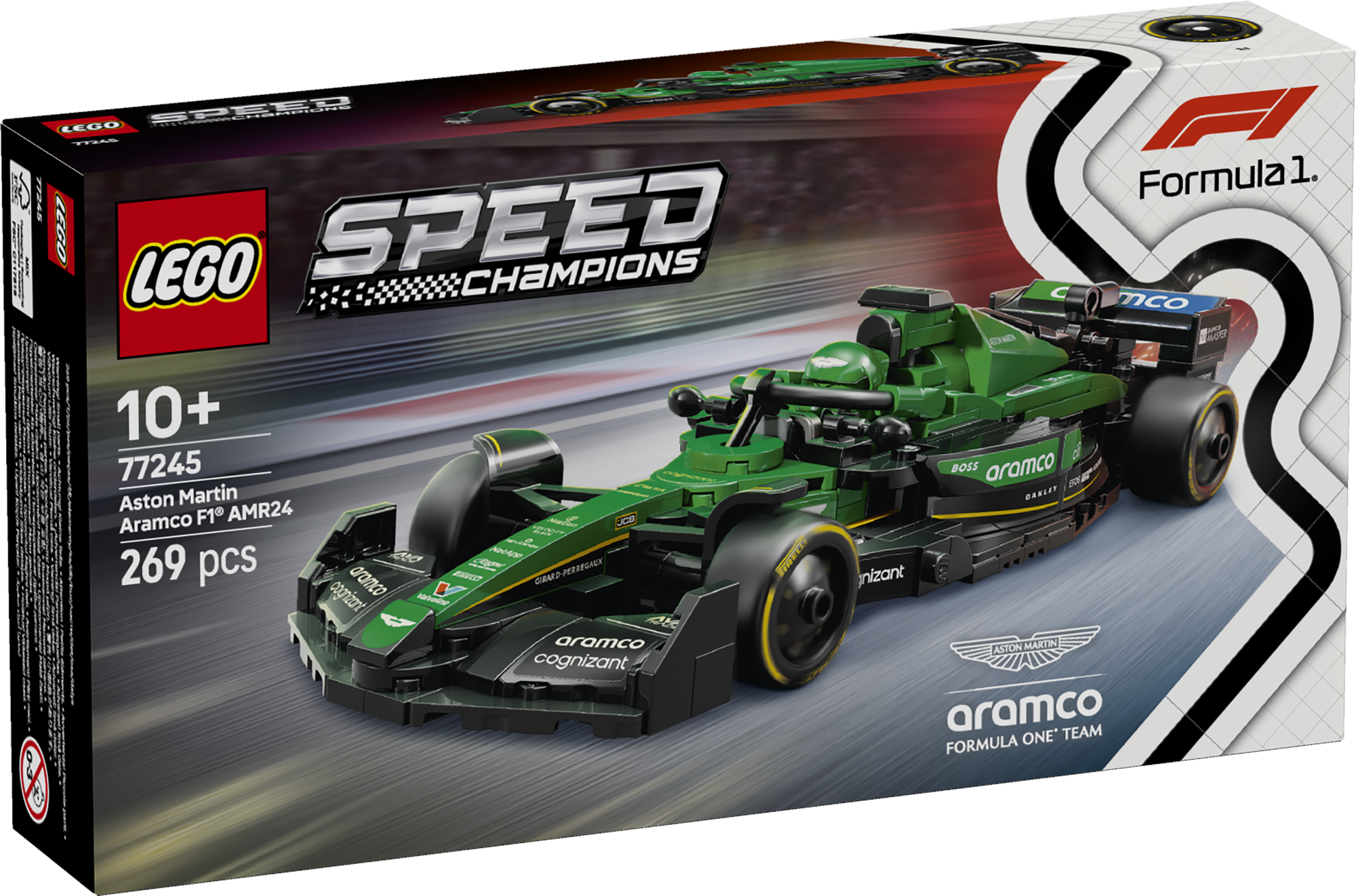 LEGO Speed Champions Aston Martin Aramco F1 AMR24 võidusõiduauto Vormel-1 fännid ning vähemalt 10-aastased lapsed saavad seda LEGO Aston Martin Aramco F1 AMR24 võidusõiduautot ehitada ja esitleda