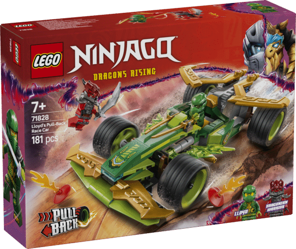 LEGO NINJAGO Lloydi tagasitõmmatava võidusõiduauto mängukomplekt koos 2 minifiguuriga võimaldab lastel taasetendada tempokat ninjategevust.