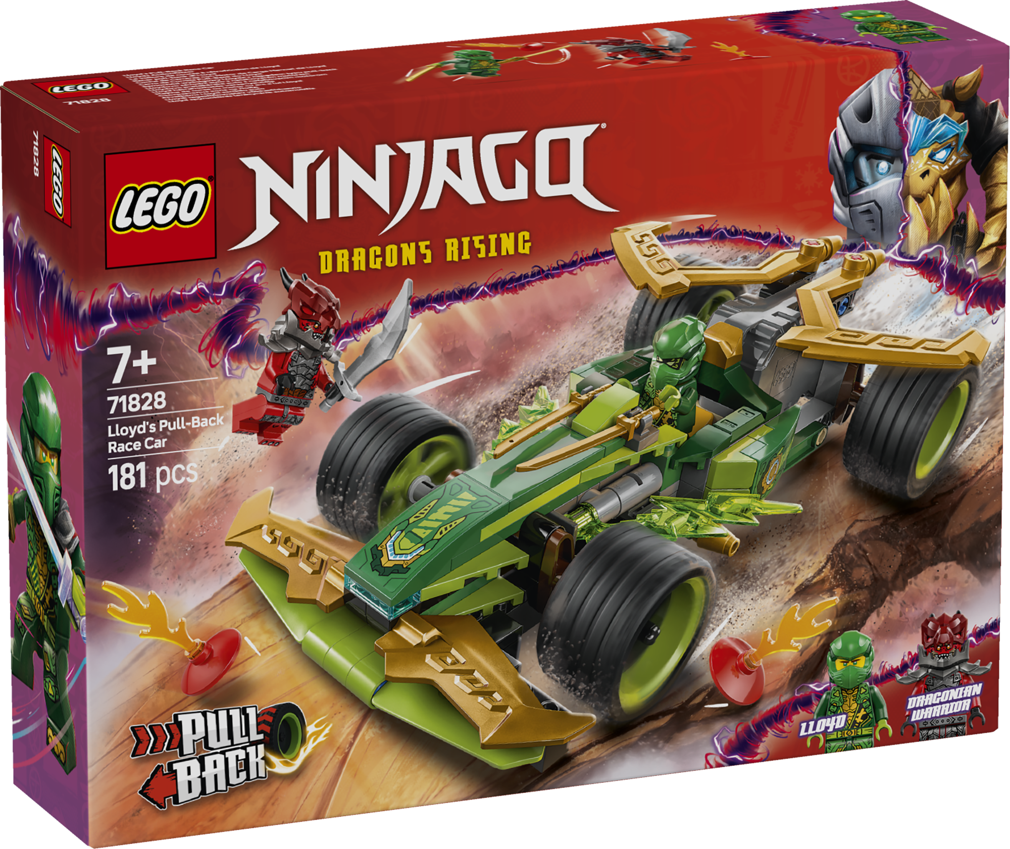 LEGO Ninjago Lloydi tagasitõmmatav võidusõiduauto LEGO NINJAGO Lloydi tagasitõmmatava võidusõiduauto mängukomplekt koos 2 minifiguuriga võimaldab lastel taasetendada tempokat ninjategevust.