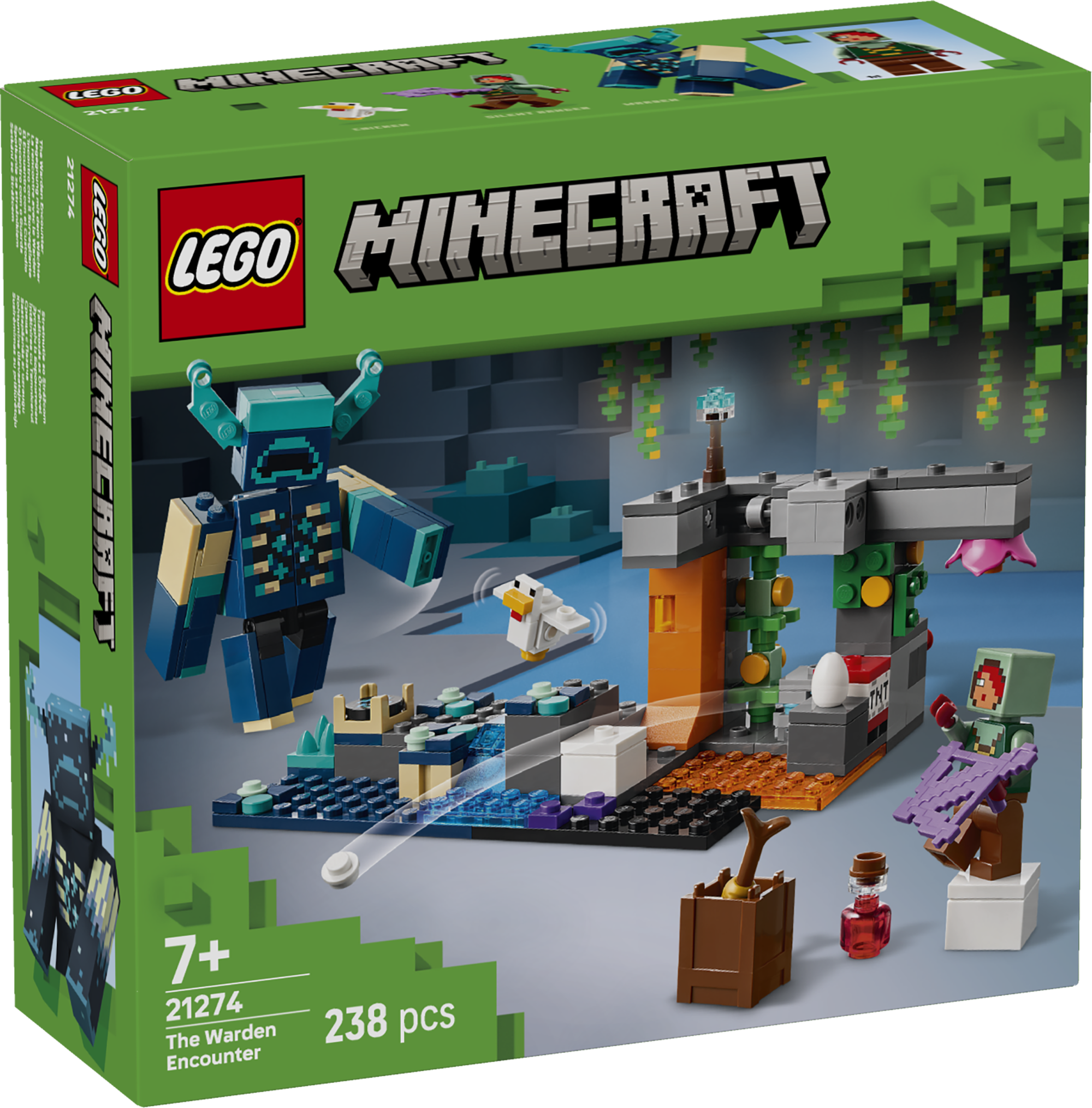 LEGO Minecraft Kohtumine ülevaatajaga Lopsaka taimestikuga koopas toimub plahvatusohtlik tegevus koos suure muudetava asendiga LEGO® Minecraft® märulifiguuriga.