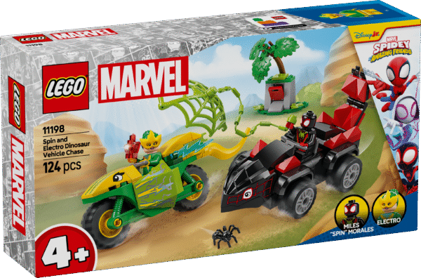 Spidey ja tema hämmastavad sõbrad: Spini ja Electro dinosaurusesõidukite tagaajamine pakub 4-aastastele ja vanematele lastele palju LEGO sõidurõõmu.
