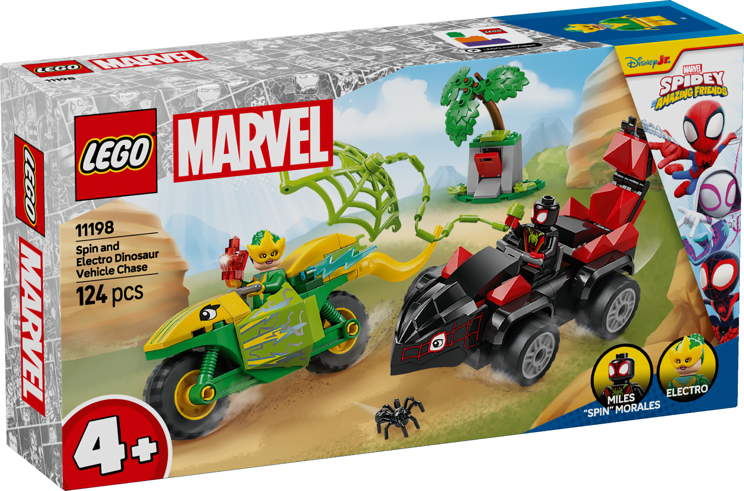LEGO Spidey Spini ja Electro dinosaurusesõidukite tagaajamine Spidey ja tema hämmastavad sõbrad: Spini ja Electro dinosaurusesõidukite tagaajamine pakub 4-aastastele ja vanematele lastele palju LEGO sõidurõõmu.