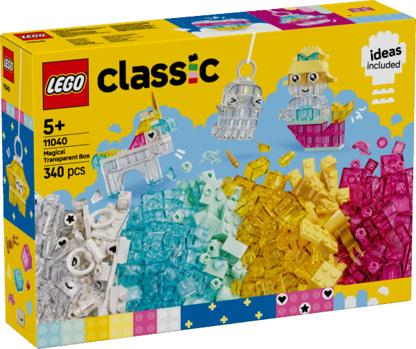 LEGO Classic maagilise läbipaistva kasti ehitus- ja esitluskomplekt innustab lapsi looma lummavaid mudeleid värvilistest poolläbipaistvatest klotsidest.