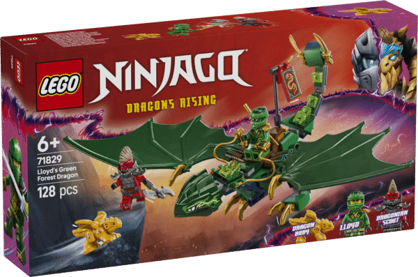 NINJAGO Lloydi rohelise metsadraakoni väike LEGO komplekt lastele sisaldab 2 minifiguuri ja 2 draakonit põnevaks ninjarollimänguks.