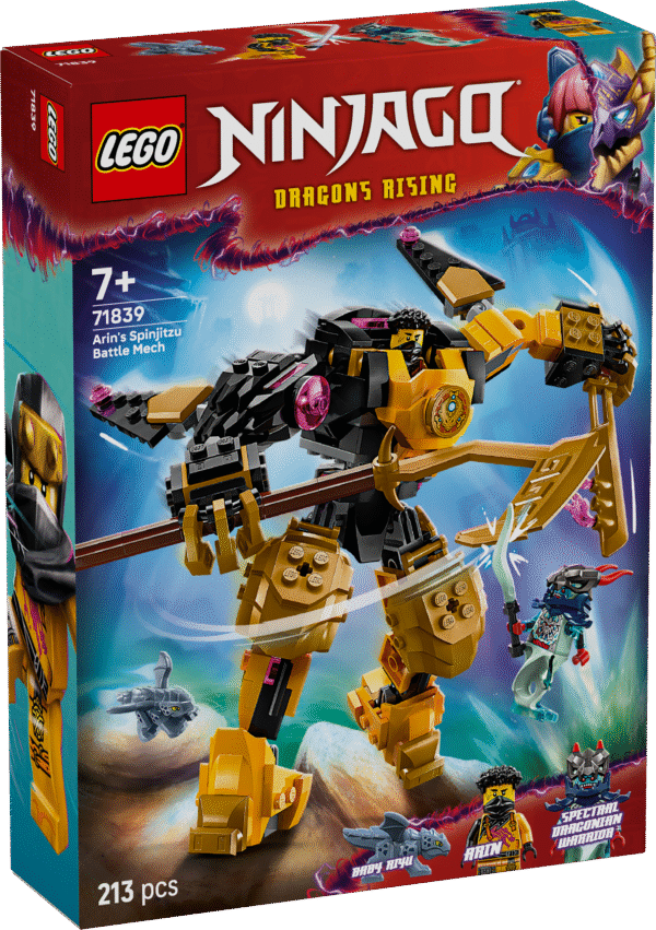LEGO® NINJAGO® Arini Spinjitzu lahinguroboti ehituskomplekt 2 minifiguuriga võimaldab lastel etendada lugusid telesarja NINJAGO Dragons Rising 3. hooajast.