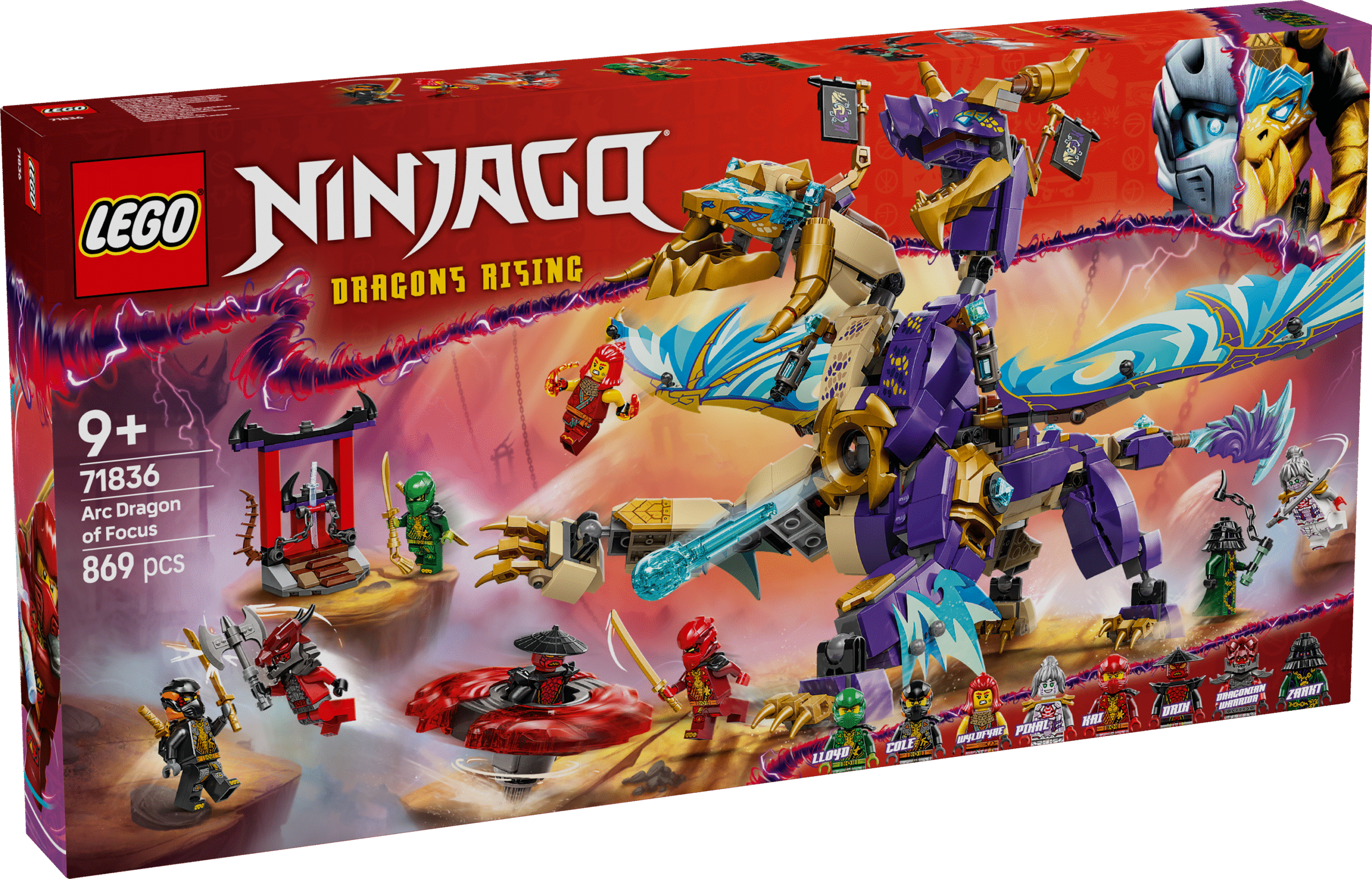 LEGO Ninjago Fookuse draakon Arc Lapsed etendavad „NINJAGO Dragons Rising“ telesaate 3. hooaja stseene LEGO NINJAGO Fookuse draakon Arci mängukomplekti ja 8 minifiguuriga.