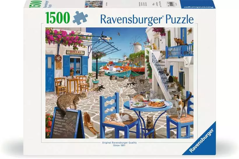 Ravensburger pusle 1500 tk: Mykonose kassid Suurepärane kingitus - puslede kokkupanek on tore ja lõbus tegevus