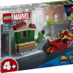 LEGO Marvel Iron Man koos ratta ja Hulk ehitusmänguasi sisaldab mässavat Uskumatut Hulki ja mootorrattaga sõitvat Iron Mani minifiguure.