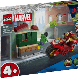 LEGO Marvel Iron Man koos ratta ja Hulk ehitusmänguasi sisaldab mässavat Uskumatut Hulki ja mootorrattaga sõitvat Iron Mani minifiguure.