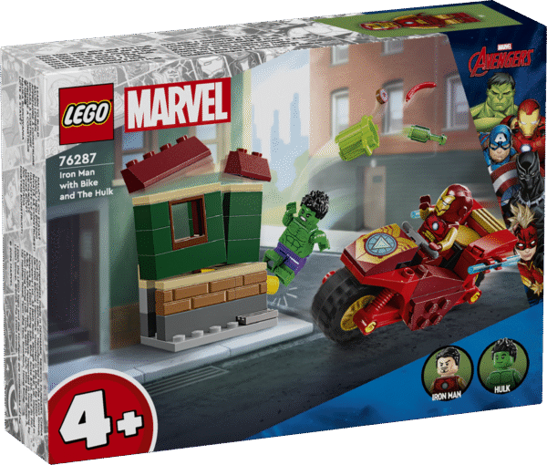 LEGO Marvel Iron Man koos ratta ja Hulk ehitusmänguasi sisaldab mässavat Uskumatut Hulki ja mootorrattaga sõitvat Iron Mani minifiguure.