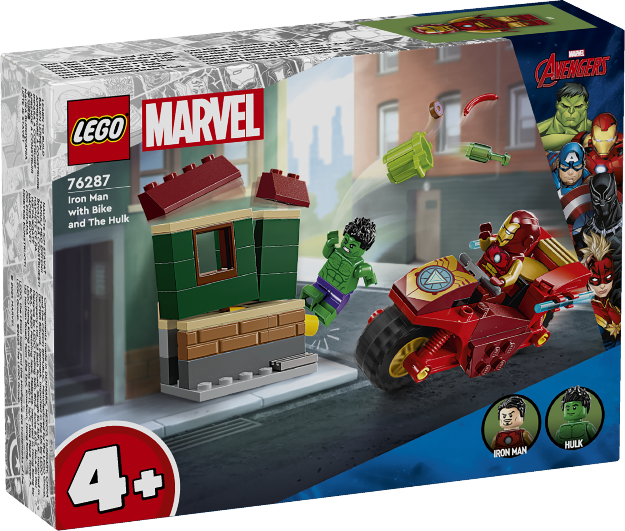LEGO Super Heroes Iron Man koos ratta ja The Hulkiga LEGO Marvel Iron Man koos ratta ja Hulk ehitusmänguasi sisaldab mässavat Uskumatut Hulki ja mootorrattaga sõitvat Iron Mani minifiguure.