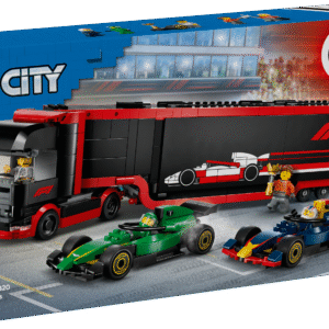 Selles kvaliteetses LEGO City F1 mängusõidukite komplektis on võidusõiduauto transpordiauto