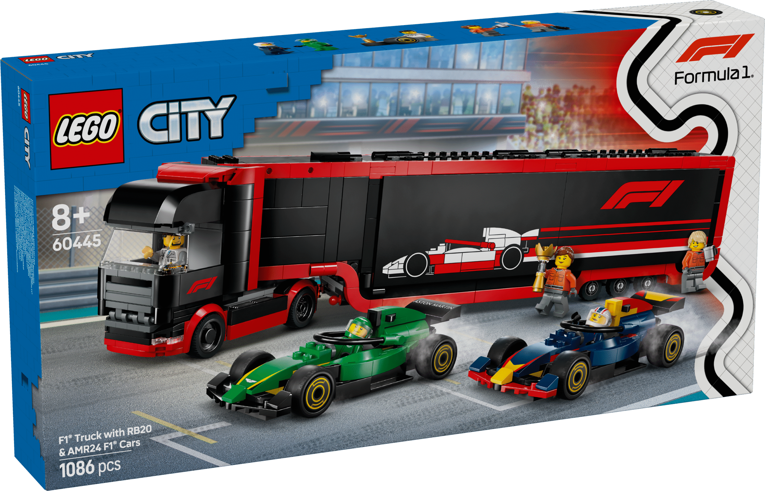 LEGO City F1 veok RB20 ja AMR24 F1 autodega Selles kvaliteetses LEGO City F1 mängusõidukite komplektis on võidusõiduauto transpordiauto