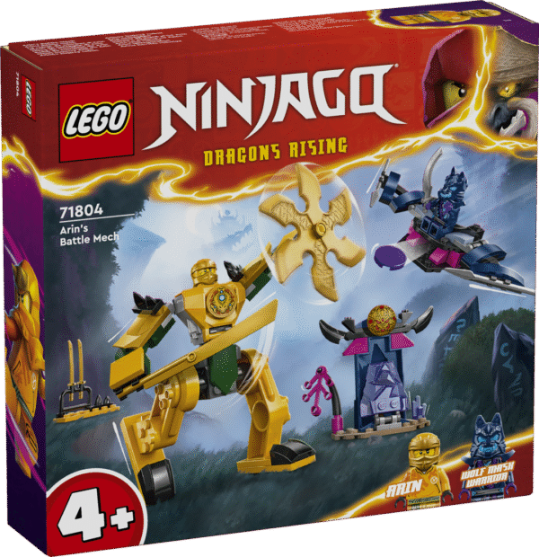 LEGO® NINJAGO® Arini lahinguroboti fantaasiamänguasi võimaldab 4-aastastel ja vanematel lastel roboti mängufiguuri ja 2 minifiguuriga ehitada ja lugusid mängida.