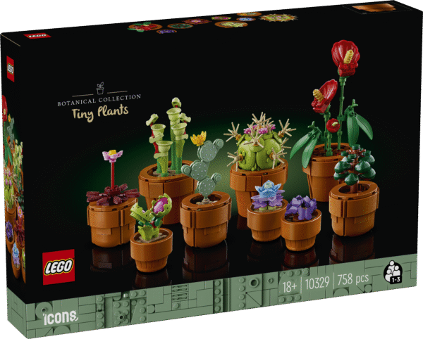 Loo oma kodu või kontori lauale 9 taimest koosnev elegantne lilleväljapanek LEGO Iconsi väikeste taimede täiskasvanutele mõeldud kodukaunistuse ehituskomplektiga.