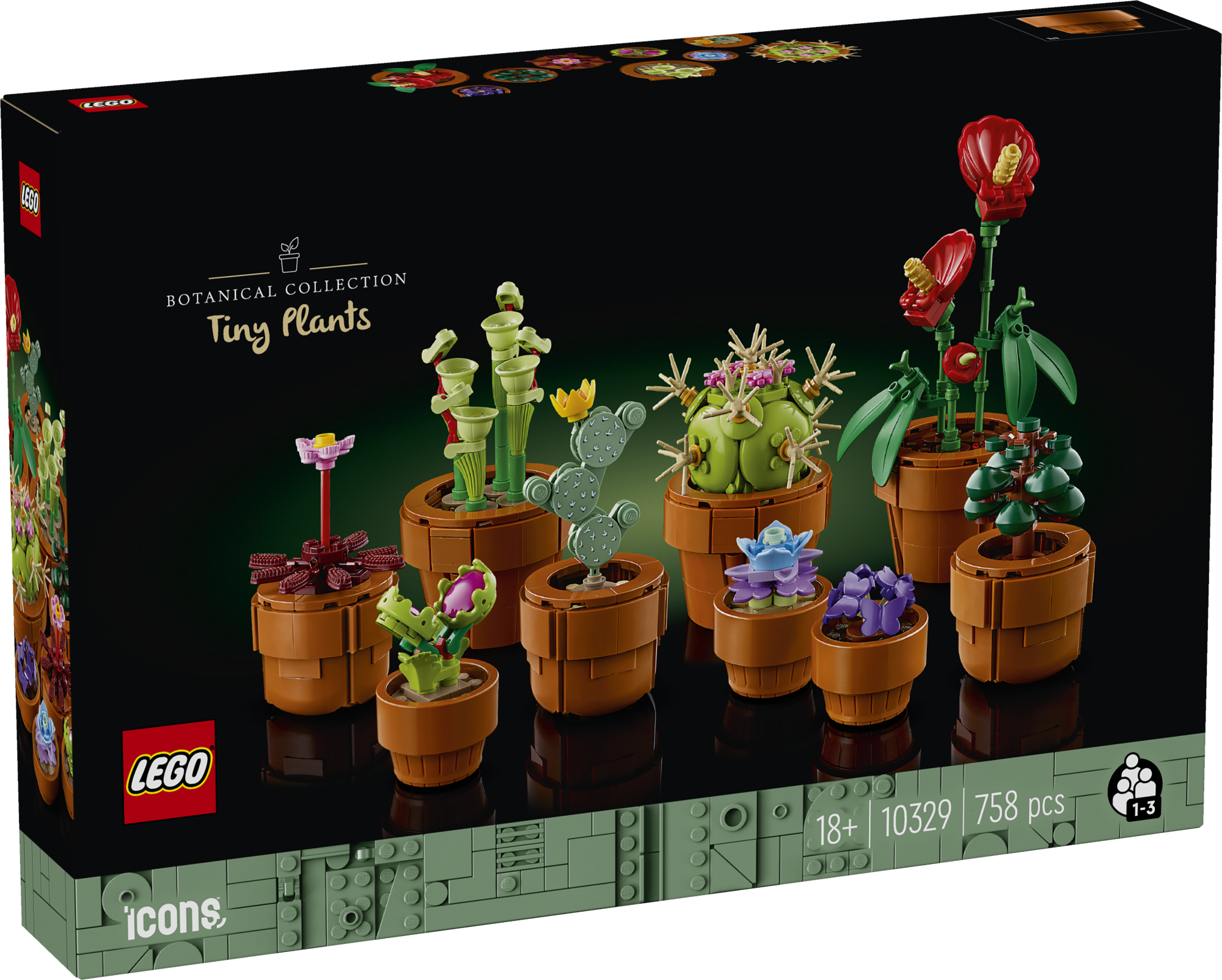 LEGO Botanical Collection Väikesed taimed Loo oma kodu või kontori lauale 9 taimest koosnev elegantne lilleväljapanek LEGO Iconsi väikeste taimede täiskasvanutele mõeldud kodukaunistuse ehituskomplektiga.