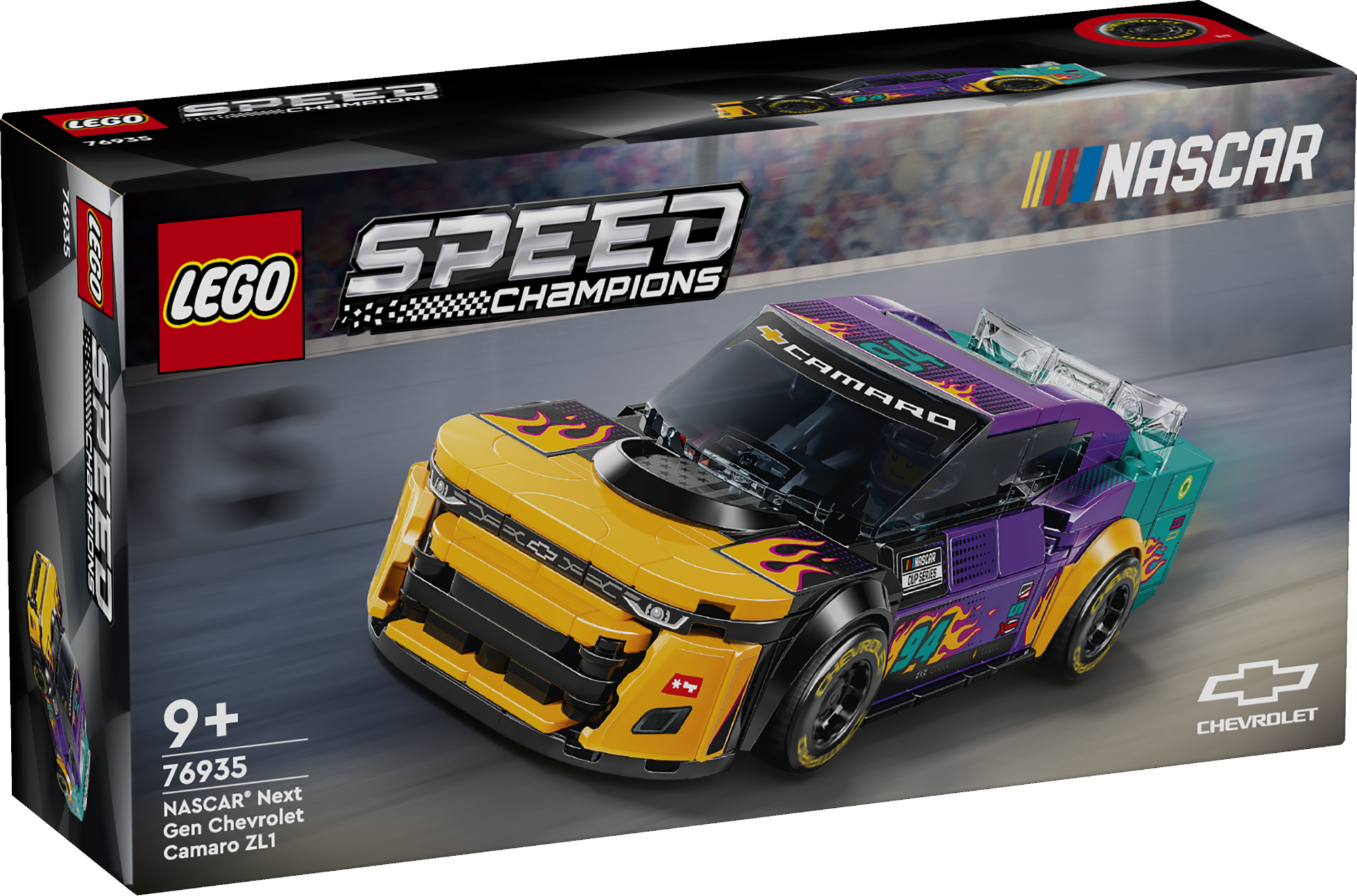 LEGO Speed Champions NASCAR Next Gen Chevrolet Camaro ZL1 Lapsed ja NASCAR-i fännid saavad selle LEGO Speed Champions NASCAR Next Gen Chevrolet Camaro ZL1 automänguasjaga ehitada ja etendada põnevaid tegusid.