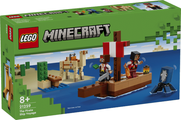 Ahoi! LEGO® Minecraft® Piraadilaeva reisi seiklusmänguasi on tegevuste rohke mängukomplekt koos kahe piraadi ja kokkupandava paadi