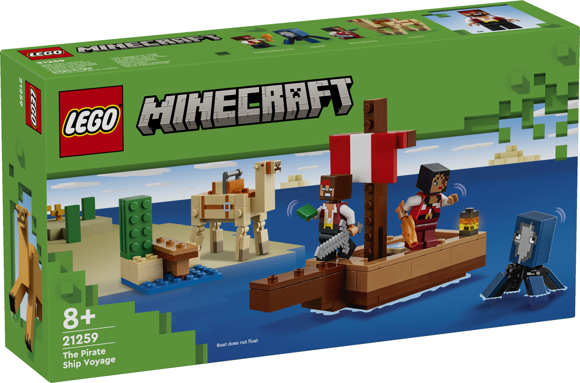 LEGO Minecraft Piraadilaeva reis Ahoi! LEGO® Minecraft® Piraadilaeva reisi seiklusmänguasi on tegevuste rohke mängukomplekt koos kahe piraadi ja kokkupandava paadi