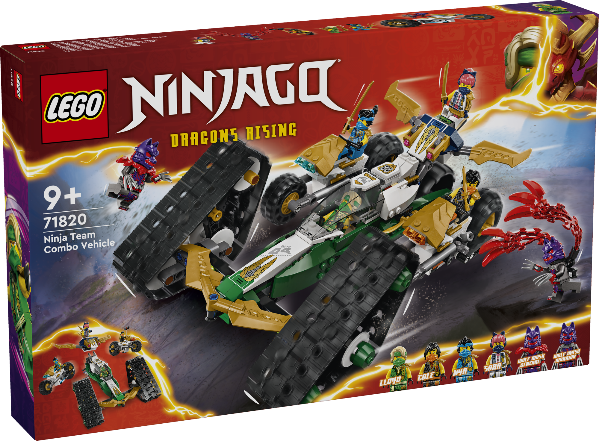 LEGO Ninjago Ninjameeskonna kombosõiduk LEGO® NINJAGO® neli-ühes sõidukimängukomplekt 6 minifiguuriga võimaldab lastel mängida märulit ühe suure autoga või eraldada see 4 väiksemaks sõidukiks.