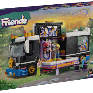 LEGO® Friends popstaari tuuribussi rollimänguasjaga on kaasas kokkupandav buss ja lavatagune ala koos tarvikutega ning neli LEGO Friends tegelast.
