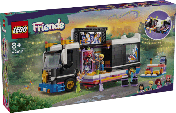 LEGO® Friends popstaari tuuribussi rollimänguasjaga on kaasas kokkupandav buss ja lavatagune ala koos tarvikutega ning neli LEGO Friends tegelast.