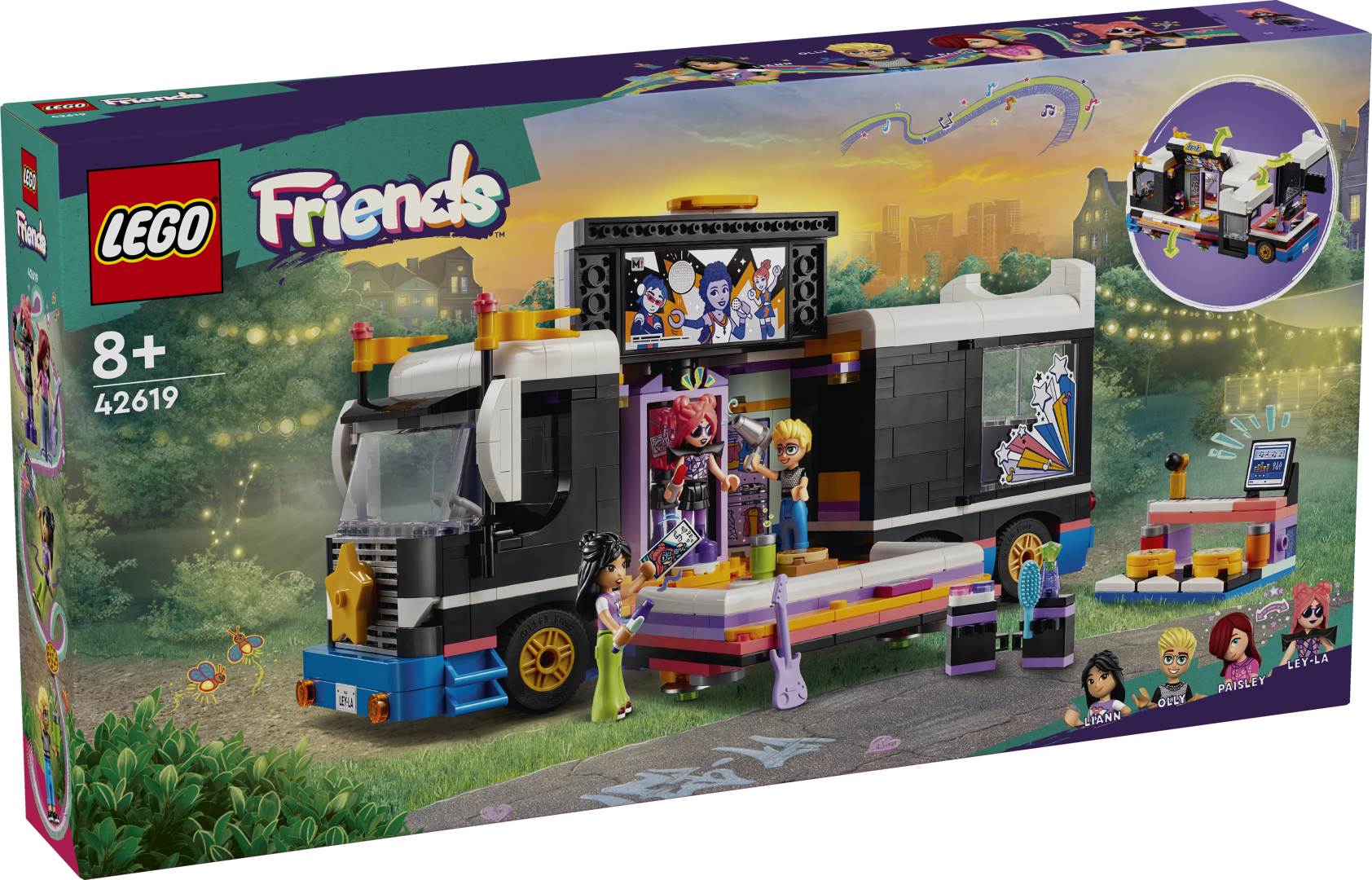 LEGO Friends Popstaari tuuribuss LEGO® Friends popstaari tuuribussi rollimänguasjaga on kaasas kokkupandav buss ja lavatagune ala koos tarvikutega ning neli LEGO Friends tegelast.