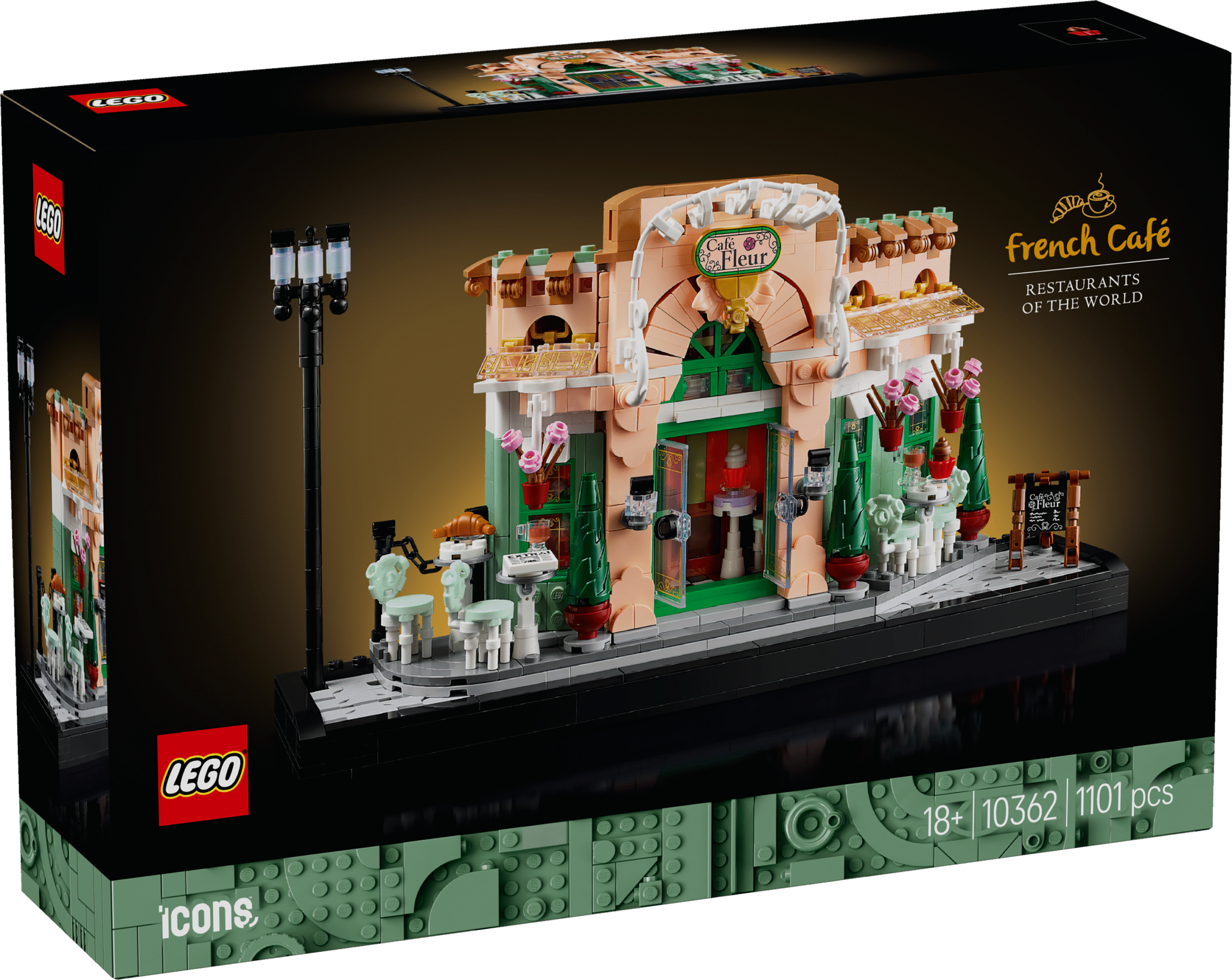 LEGO Icons Prantsuse kohvik Jäädvusta klassikalise Prantsuse kohviku elegants selle LEGO Icons raamaturiiuli kaunistamise ehituskomplektiga täiskasvanutele.