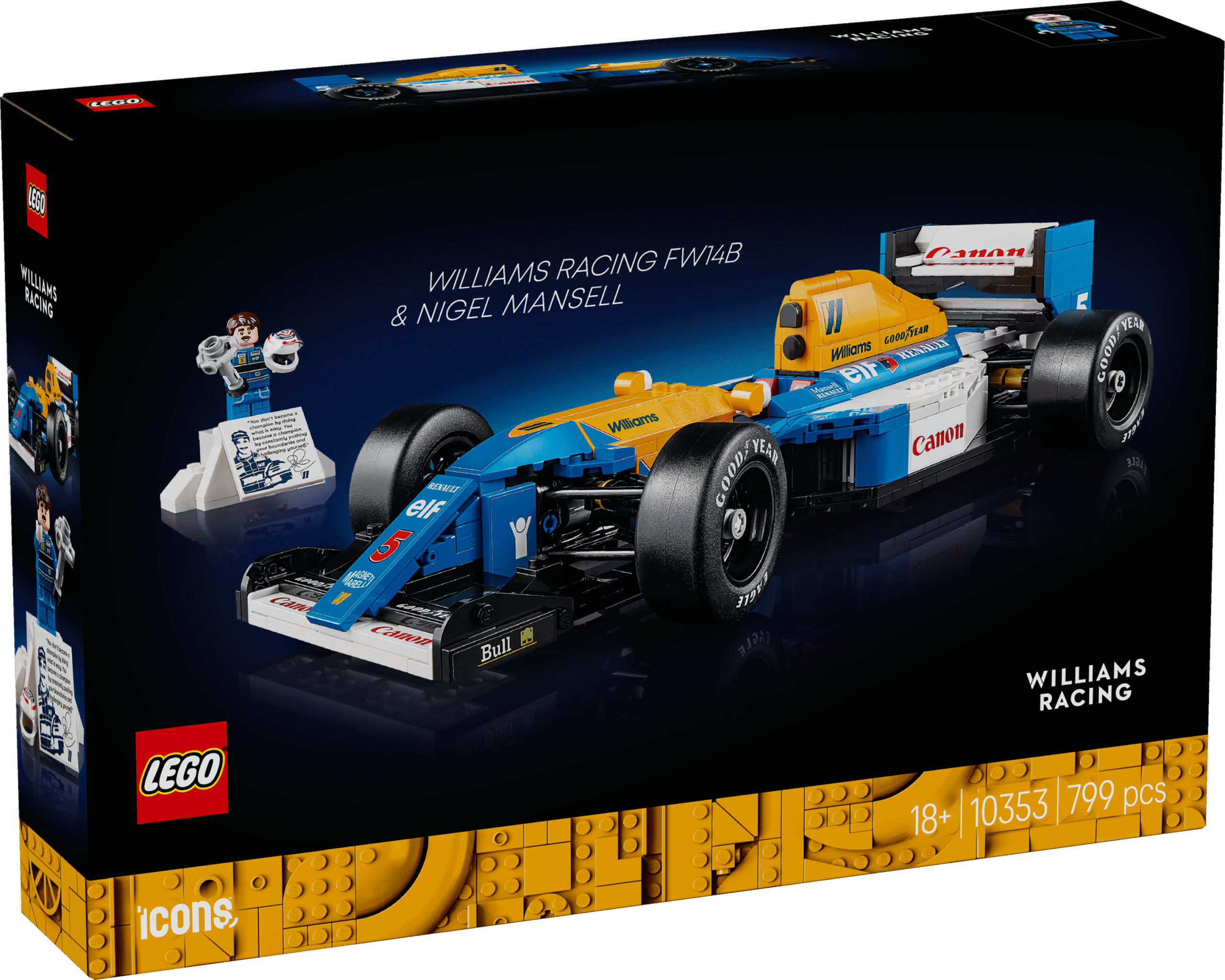 LEGO Icons Williams Racing FW14B ja Nigel Mansell Kingi oma F1 lemmikfännile see LEGO Icons Williams Racing FW14B ja Nigel Manselli võidusõiduautode ehituskomplekt täiskasvanutele