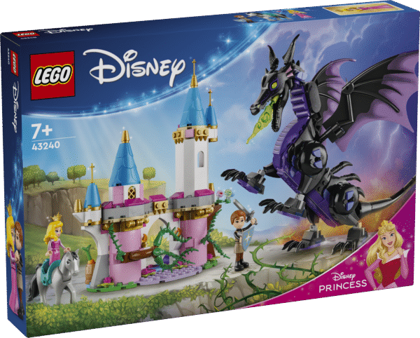 Kingi lastele kokkupandav mängukingitus Aurora ja prints Phillipi LEGO ǀ Disney mininukufiguuride ning draakoni ja hobuse LEGO ǀ Disney loomafiguuridega.