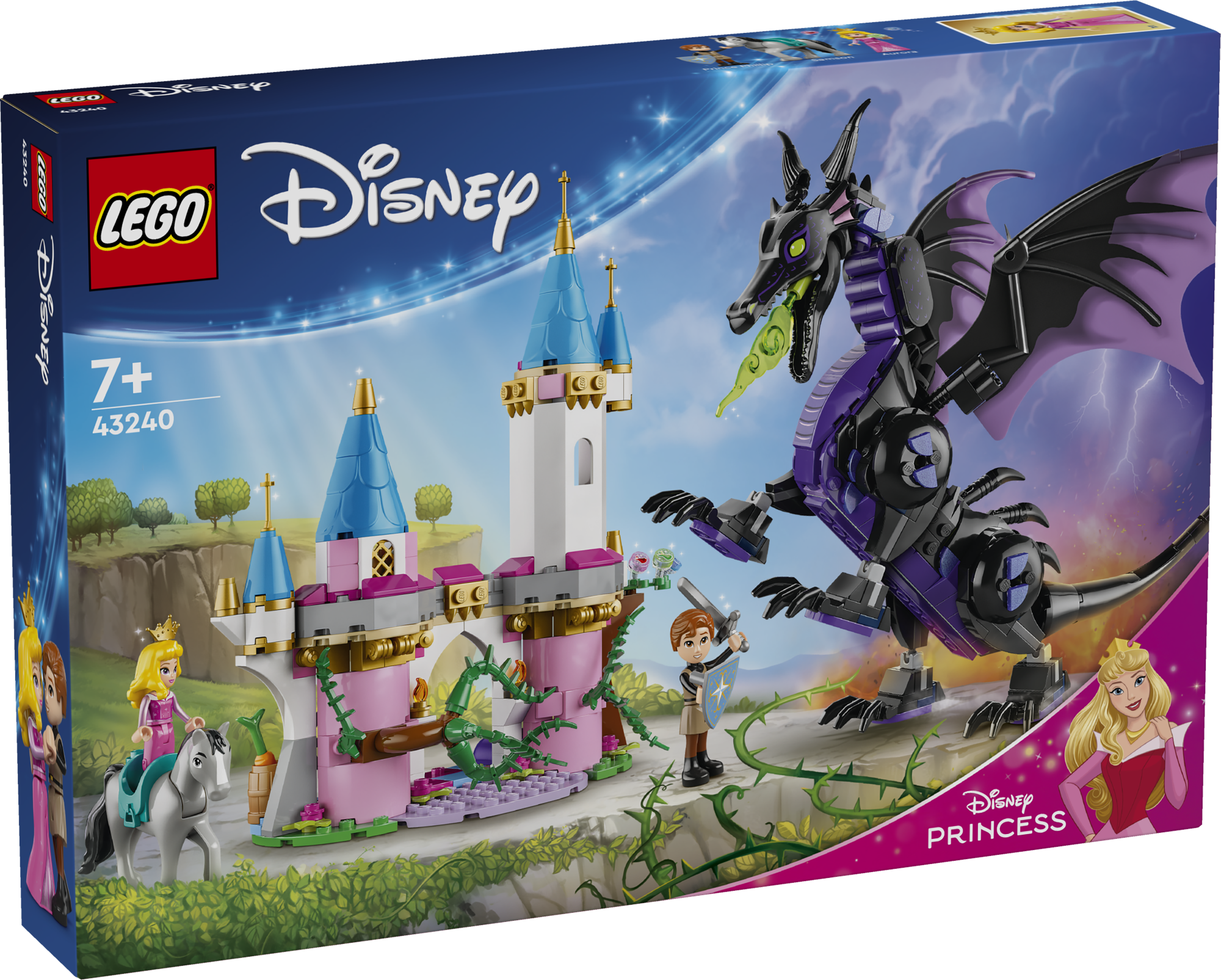 LEGO Disney Pahatari draakoni kuju Kingi lastele kokkupandav mängukingitus Aurora ja prints Phillipi LEGO ǀ Disney mininukufiguuride ning draakoni ja hobuse LEGO ǀ Disney loomafiguuridega.