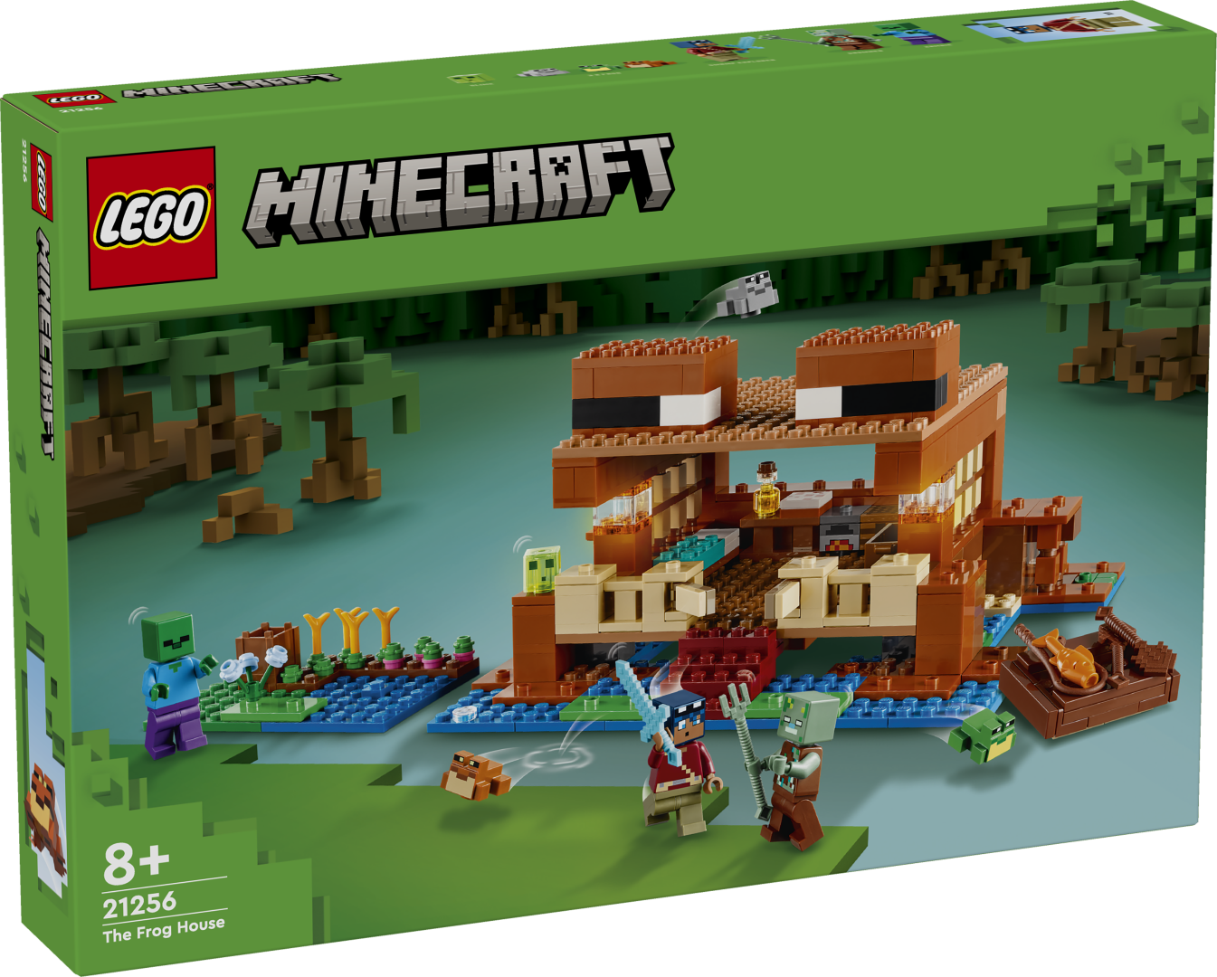 LEGO Minecraft Konnamaja Minecraft® tegevuse ja mängu ikooniliste konnade fännidele meeldib ehitada Konnamaja ning võidelda soos zombi ja Uppunuga.