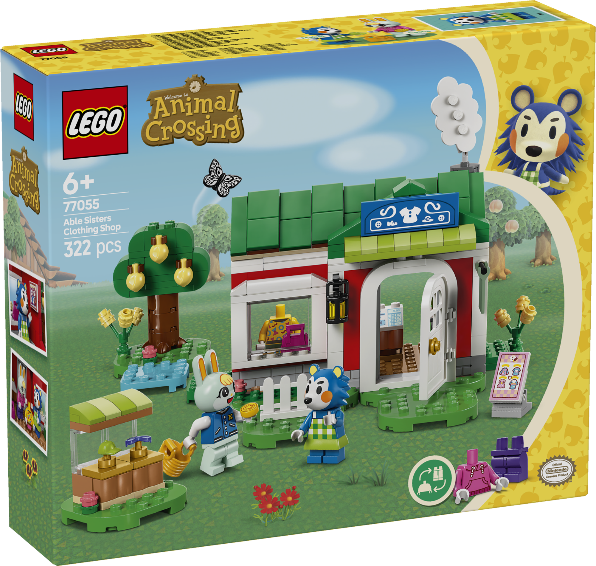 LEGO Animal Crossing Riidepood Able Sisters Lastele mõeldud poemänguasjas on 2 LEGO Animal Crossing minifiguuri