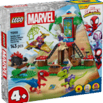 LEGO Spidey ja tema hämmastavad sõbrad: Spidey ja Gobby Raptori lahing puumaja peakorteris koos kokkupandavate dinosauruste mänguasjadega.