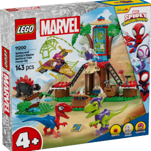 LEGO Spidey ja tema hämmastavad sõbrad: Spidey ja Gobby Raptori lahing puumaja peakorteris koos kokkupandavate dinosauruste mänguasjadega.