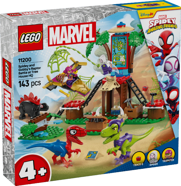 LEGO Spidey ja tema hämmastavad sõbrad: Spidey ja Gobby Raptori lahing puumaja peakorteris koos kokkupandavate dinosauruste mänguasjadega.