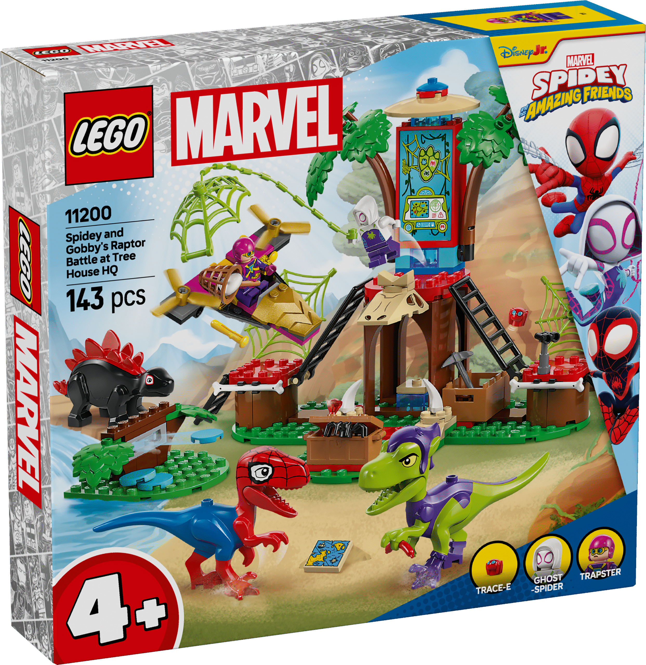 LEGO Spidey ja Gobby raptori lahing puumaja peakorteris LEGO Spidey ja tema hämmastavad sõbrad: Spidey ja Gobby Raptori lahing puumaja peakorteris koos kokkupandavate dinosauruste mänguasjadega.