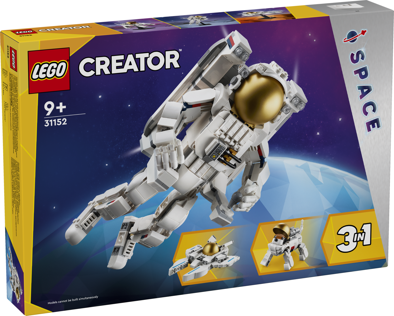LEGO Creator Kosmoseastronaut Lapsed saavad nautida galaktikatevahelist tegevust selle LEGO® Creator kolm ühes kosmoseastronaudi ehitusmänguasjaga ning seejärel ehitada selle ümber kosmosekoeraks või kosmoselennukiks.