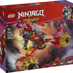 LEGO NINJAGO ninjamänguasja ehituskomplekt koos 3 minifiguuriga võimaldab lastel ägeda roboti ja lendava mootorrattaga põnevust nautida.
