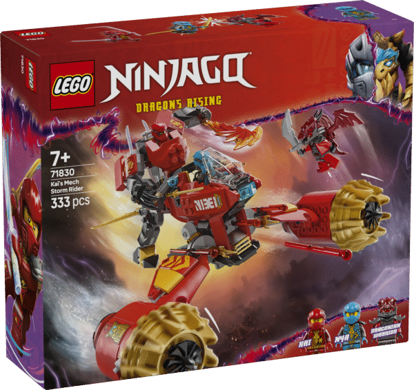 LEGO NINJAGO ninjamänguasja ehituskomplekt koos 3 minifiguuriga võimaldab lastel ägeda roboti ja lendava mootorrattaga põnevust nautida.