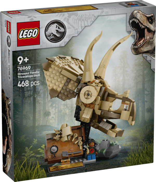 Dinosauruste fännid saavad selles LEGO Jurassic World kogutavas komplektis ehitada ja esitleda Triceratopsi kolju fossiili koos minifiguuriga.