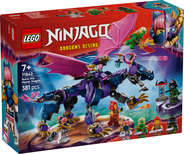 Lapsed etendavad NINJAGO® Dragons Rising telesaate 3. hooaja stseene LEGO® NINJAGO Valitsejadraakon Rontu mängukomplekti ja 4 minifiguuriga.