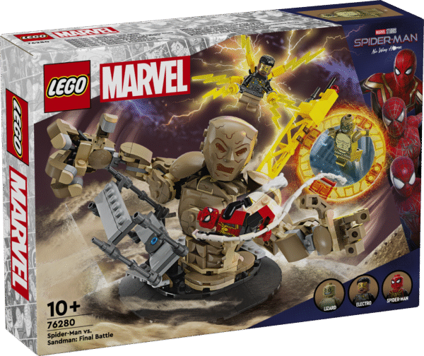 See lastele mõeldud kokkupandav LEGO® Marveli Spider-Mani mänguasi taasloob ikoonilise Sandmani lahingustseeni Marvel Studiosi filmist „Spider-Man: No Way Home“